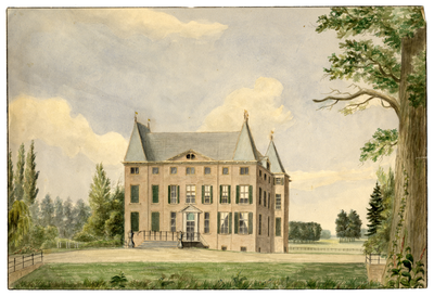 804917 Gezicht op de voor- en rechtergevel van het kasteel Hardenbroek te Driebergen met een gedeelte van het ...